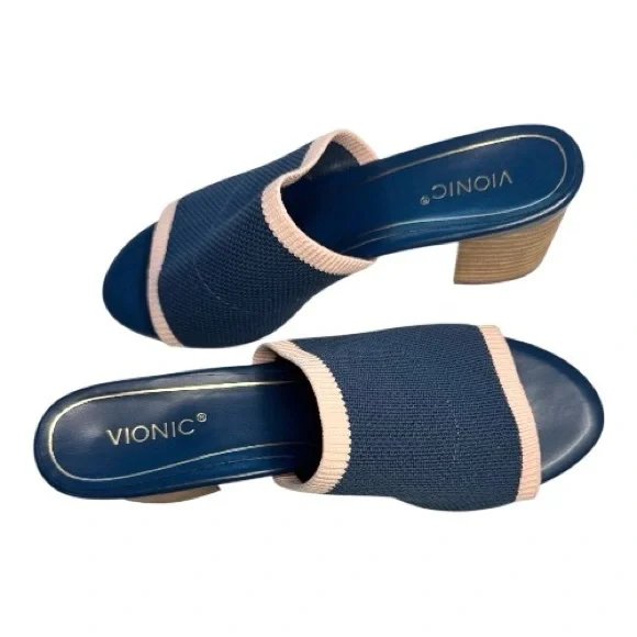 VIONIC Fleur Block Heel Blue w/Pink Trim Mules Knit Upper Slip On Sandals Size 9 - Picture 2 of 7